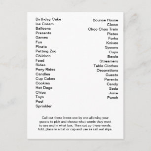 Bingo Card-Födelsedagsfest - ring ut Ord Inbjudan Vykort