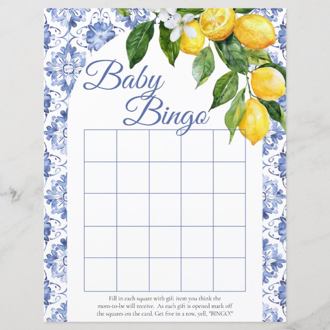 Bingo för Blue Tile Lemon Baby Shower Bingo (Framsida)