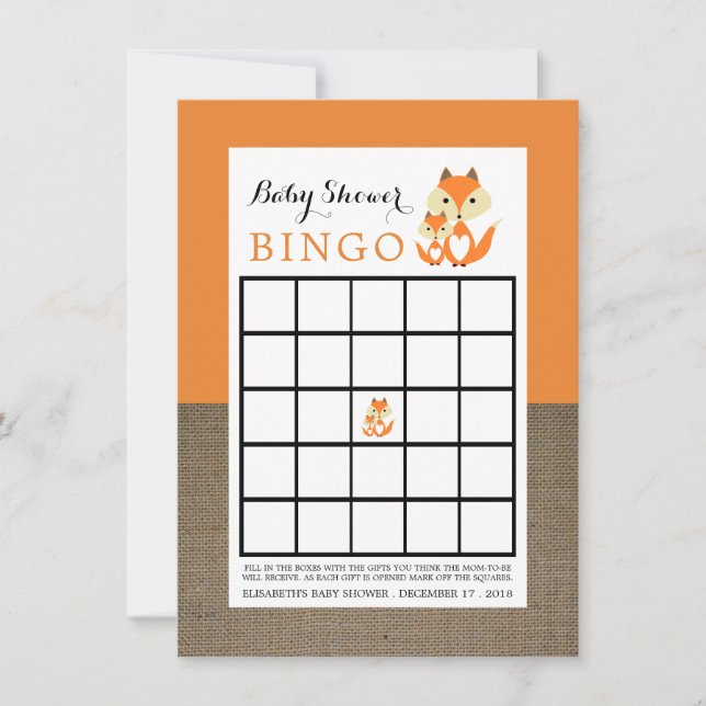 Bingo för orange Fox Burlap Baby Shower (Framsida)