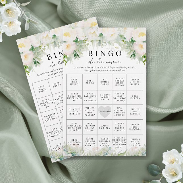 Bingo Game (engelsk Möhippa, Bingo) Flygblad (Bridal shower bingo in Spanish with lovely white florals and elegant calligraphy script)