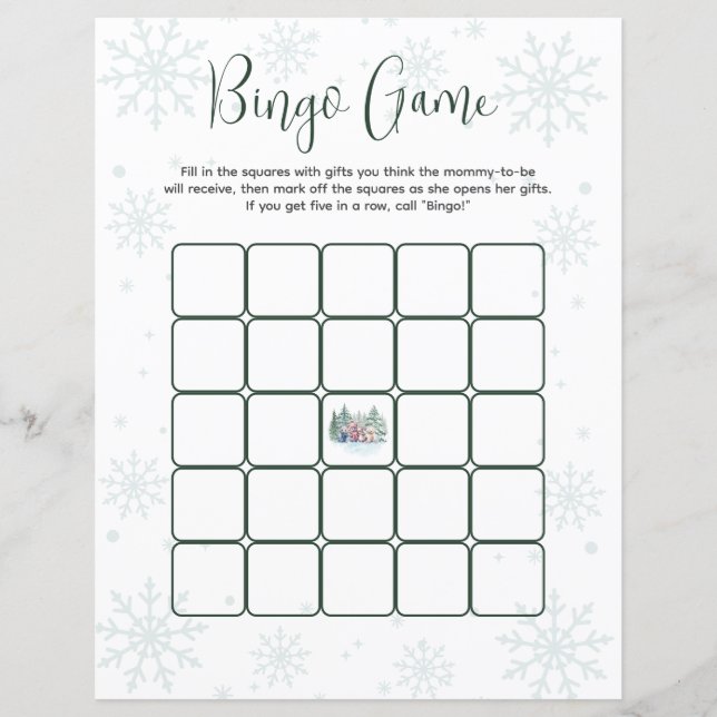 Bingo Game Winter Snö Forest Animal Baby Shower (Framsida)