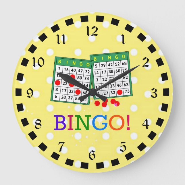 Bingo! Grönt- och vita Bingokort på Gult Stor Klocka (Framsida)