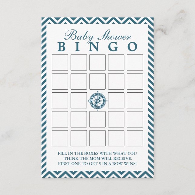 Bingo-kort med blå kompassburk, babyskor (Framsida)