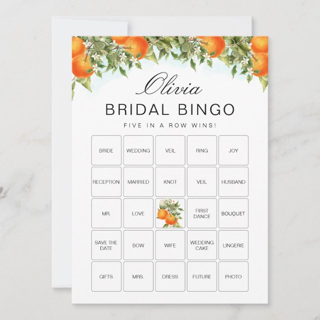 Bingo Orange Citrus Möhippa Game Card Inbjudningar (Framsida)