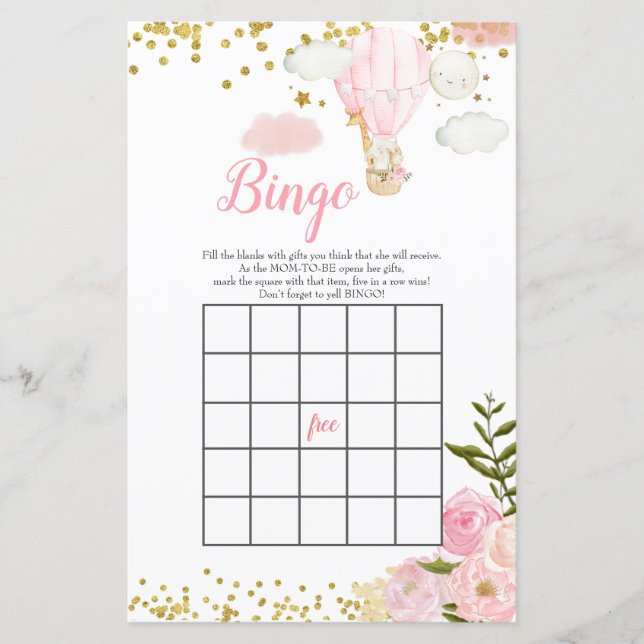 Bingo Rosa Varmt Luftballong Djungel Baby Shower (Framsida)