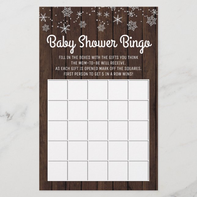 Bingo Rustic Snowflake Baby Bingo Card för babysko Flygblad (Framsidan)