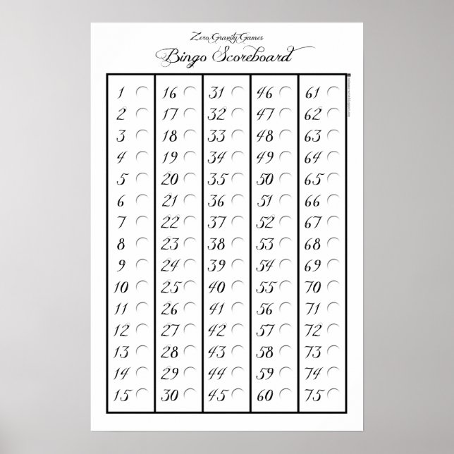 Bingo Scoreboard 75 - Zero Gravity Games (1,2 tum) Poster (Framsidan)