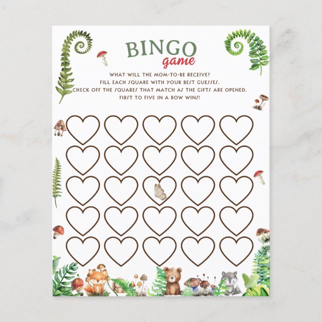 Bingo skogs djur baby shower spel (Framsida)