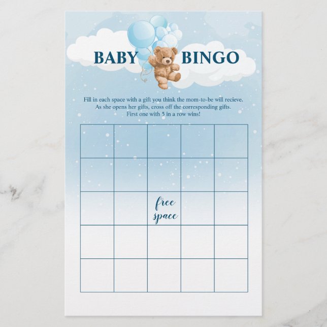 BINGO-spel för babyskor med blå Nalle Flygblad (Framsidan)