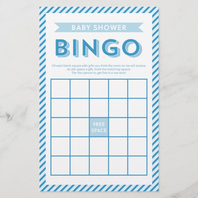 Bingo-spel för modern Rand Blue Baby Shower Bingo (Framsida)