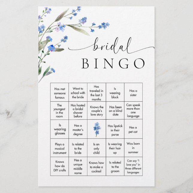 Bingo-spel för Möhippa av blå Blommigt Brevpapper (Framsida)