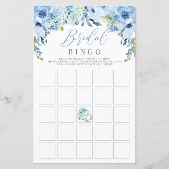 Bingo-spel för silver, rustik möhippa, blå blommig (Framsida)