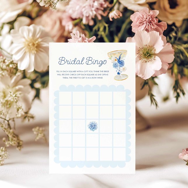 Bingo-spel med blå Blommigt, Möhippa (Blue Floral Bridal Bingo Game)