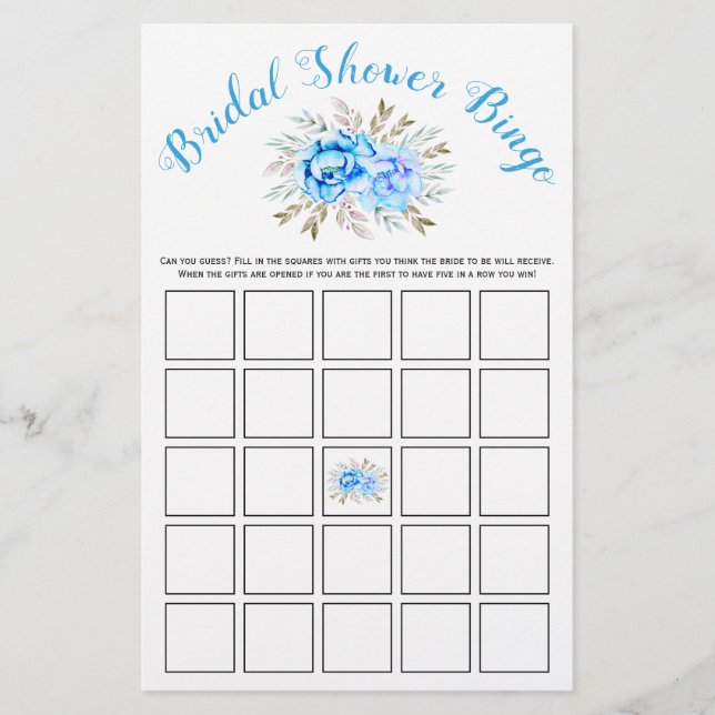 Bingo-spelkort för möhippa med blå vattenfärg flygblad (Framsidan)