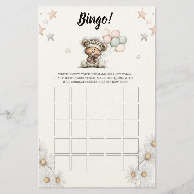 Bingo Whimsical Teddy Bear Baby Shower Game Brevpapper (Framsida)