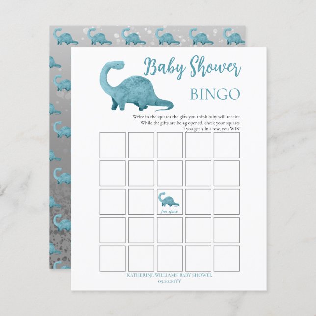Bingokort för Blue Dinosaur Boy Shower Bingo Card (Fram/baksida)