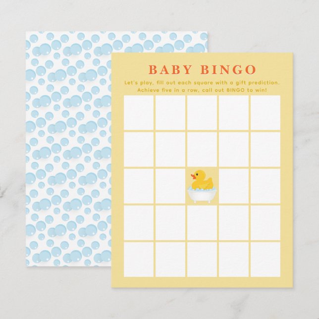 Bingokort för Rubber Anka Baby Shower Bingo Card | Anteckningskort (Fram/baksida)