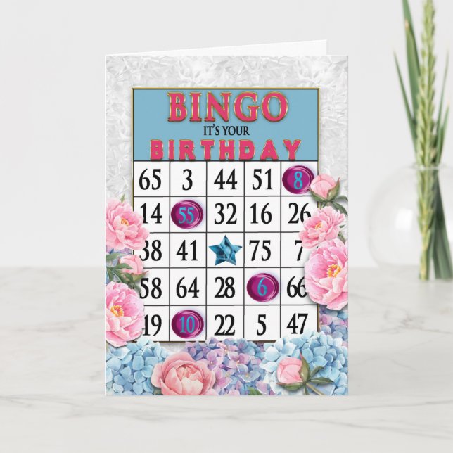 Bingokort och Rosa Blåa blommor Kort (Framsida)