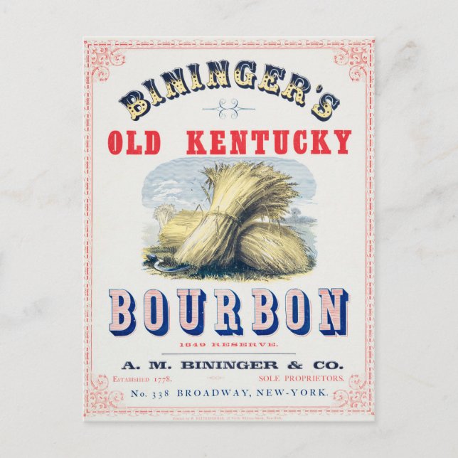 Bininger's Old Kentucky Bourbon 1849 Reserve. Vykort (Framsida)