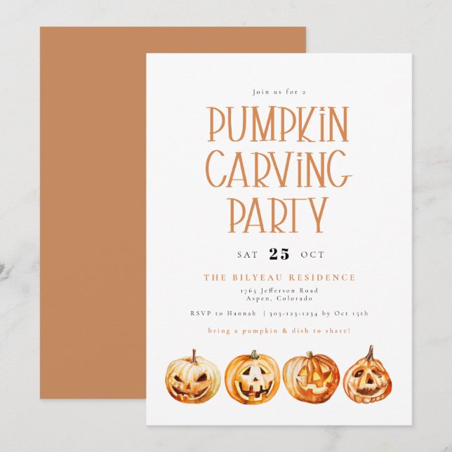 BINX Fall Halloween Watercolor Pumpkin Carving Inbjudningar (Fram/baksida)