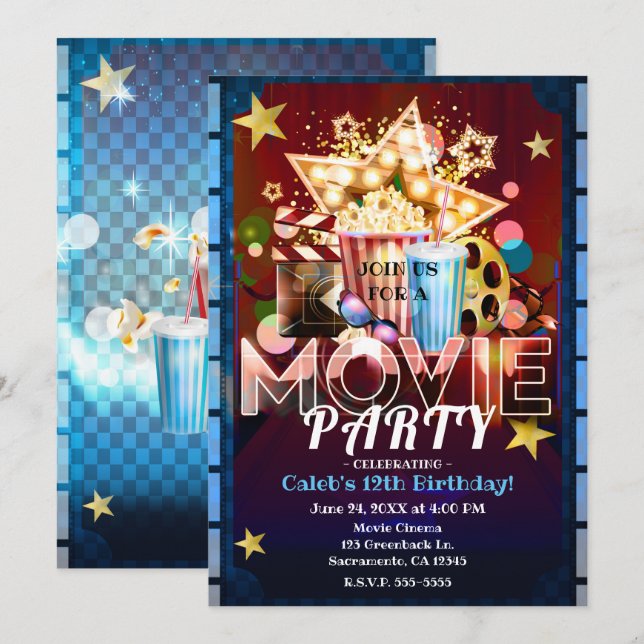 Bio Film Filmkväll Födelsedagsfest Inbjudningar (Fram/baksida)
