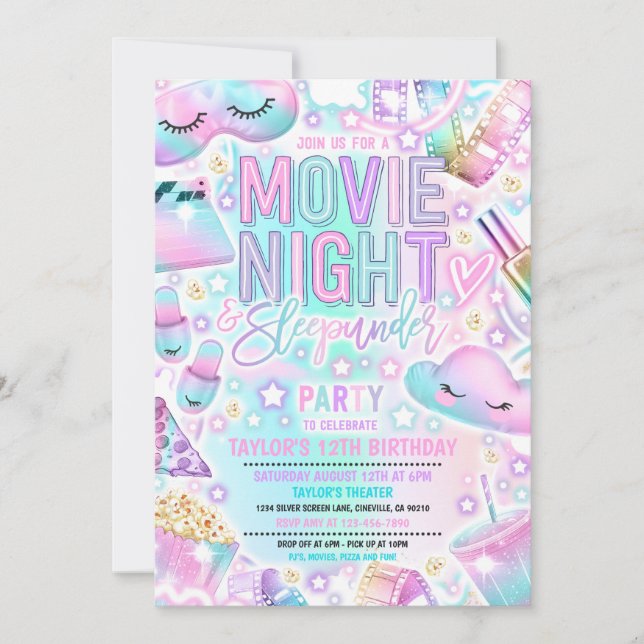 Bio Kväll Pyjamasparty Pastell Regnbåge Födelsedag Inbjudningar (Framsida)
