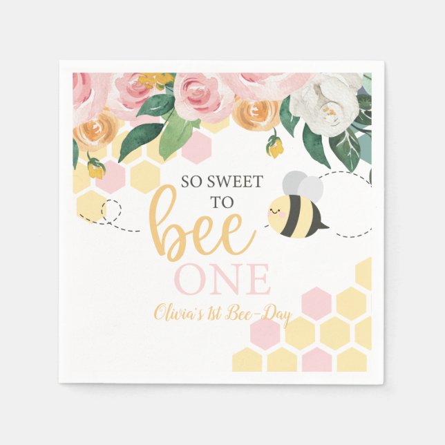 Biodagen Humla 1-årsdag rosa blommig Pappersservett (Framsidan)