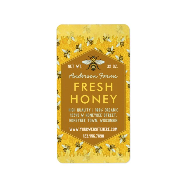 Biodlare Apiary Honung Burk Labels Honeycomb Bees Adressetikett (Framsidan)