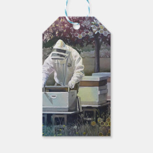 Biodling Tending honey Bee Boxes Watercolor Art Presentetikett
