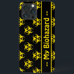 Biohazard Symbol Mönster Telefonväska med Anpassni<br><div class="desc">Svart mobilfodral med den ljusa biofarosymbolen mönster och anpassade fält. Anpassa med namn eller andra text- eller textsymboler.</div>