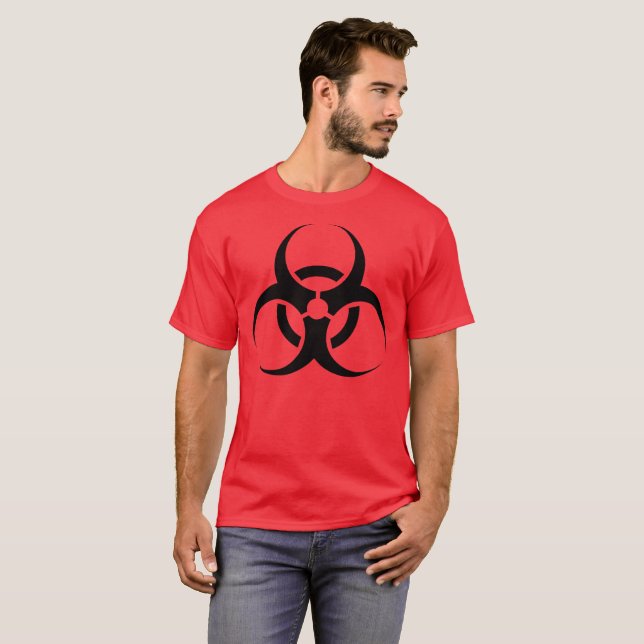 Biologisk risk Symbol svart på röd T Shirt (Hel framsida)