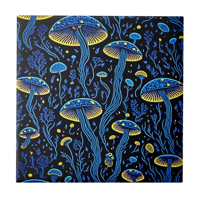 Bioluminescent Magic: Neon Mushroom Kakelplatta (Framsidan)