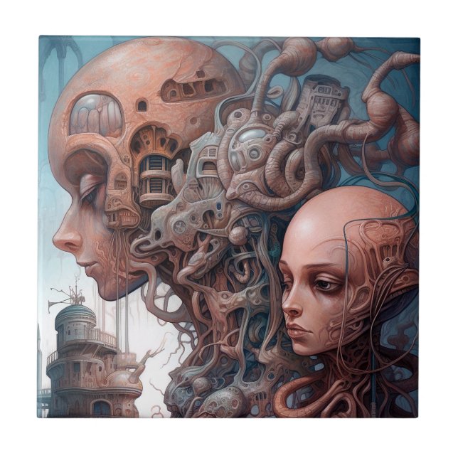 Biomekaniska huvuden Surreal Sci-Fi Art Kakelplatta (Framsidan)