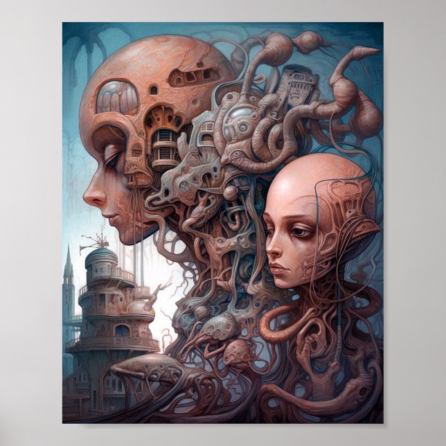 Biomekaniska huvuden Surreal Sci-Fi Art Poster (Framsidan)