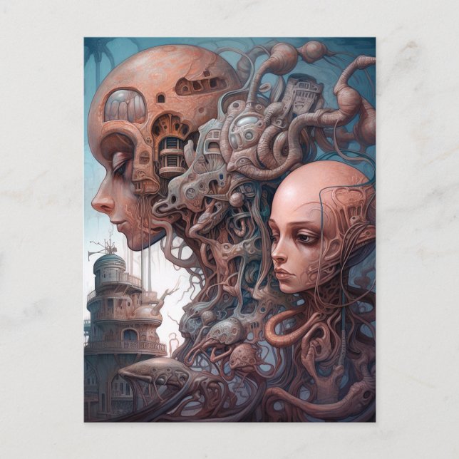 Biomekaniska huvuden Surreal Sci-Fi Art Vykort (Framsida)