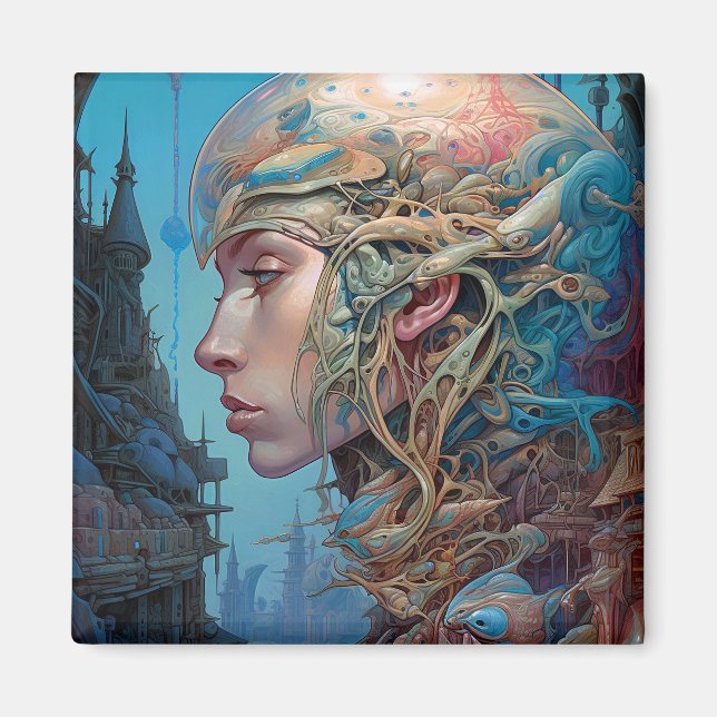 Biomekaniskt huvud Surreal Sci-Fi Art Magnet (Framsidan)