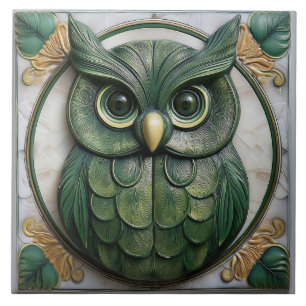 Biophilisk grön Art Nouveau-uggla i falskt relief Kakelplatta