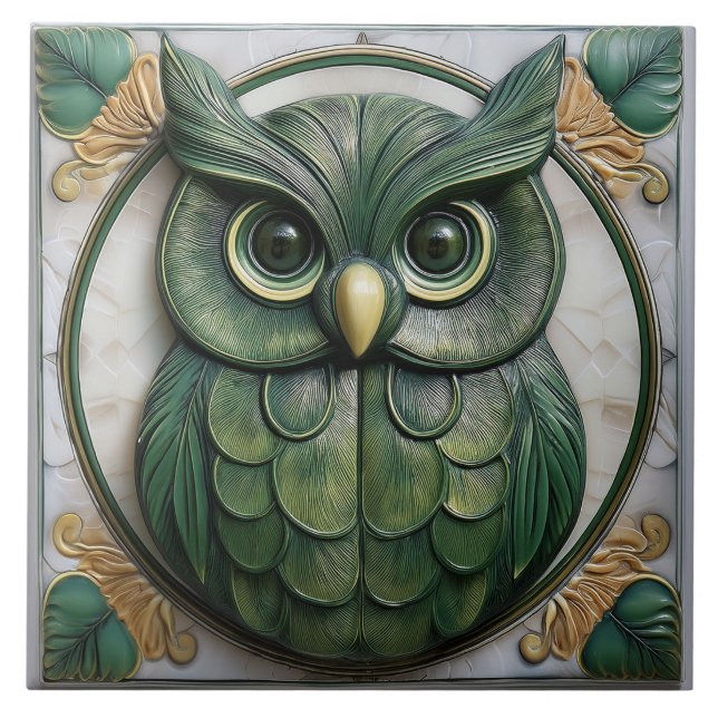 Biophilisk grön Art Nouveau-uggla i falskt relief Kakelplatta (Framsidan)