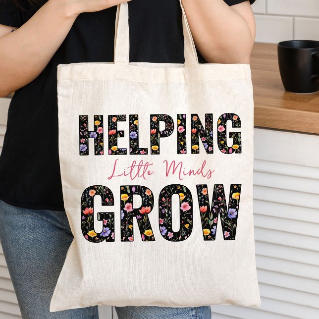 Biping Little Minds Grow Wildblommig Lettering Tygkasse (Helping Little Minds Grow Teacher Tote Bag from my Teacher Gifts Collection)