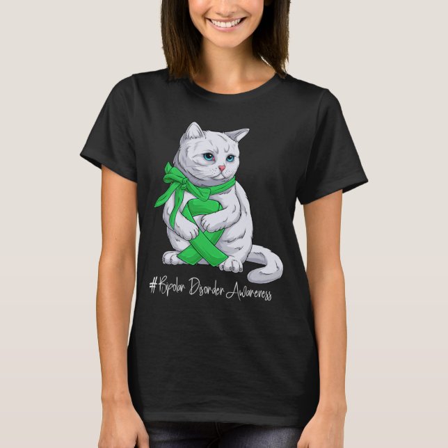 Bipolar Disorder Awareness Month Green Ribbon Cat T Shirt (Framsida)