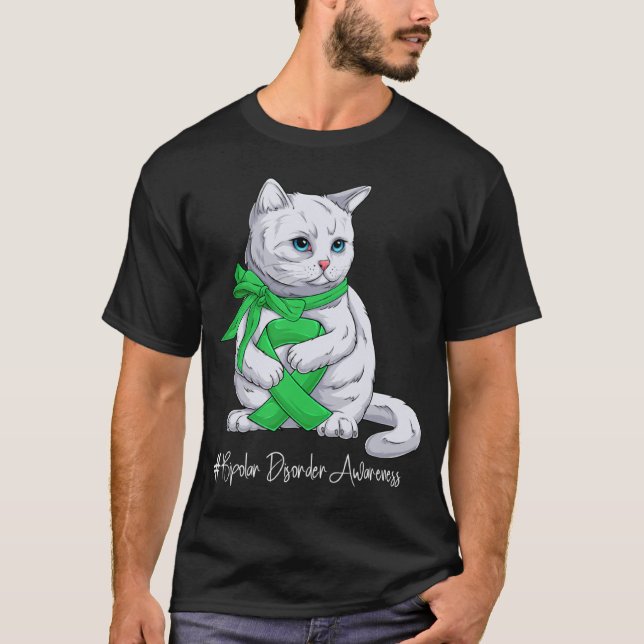 Bipolar Disorder Awareness Month Green Ribbon Cat T Shirt (Framsida)