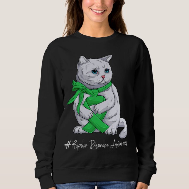 Bipolar Disorder Awareness Month Green Ribbon Cat T Shirt (Framsida)
