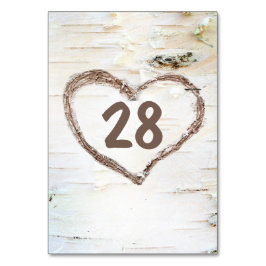 Birch Bark Carved Heart Rustic Bröllop Bordsnummer