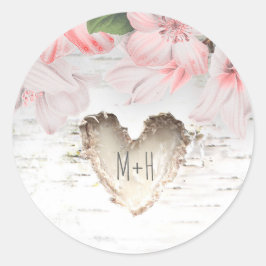 Birch Bark Heart och Rosa Flowers Rustic Bröllop Runt Klistermärke