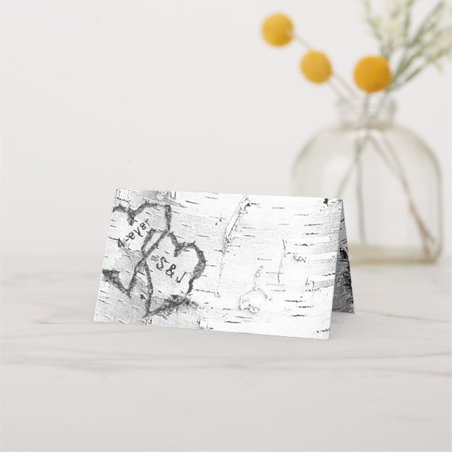 Birch Bark Initialer i hjärttrandiga ortskort Placeringskort (Framsida)