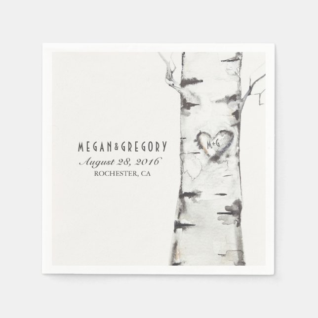 Birch Carved Heart Rustic Bröllop Pappersservett (Framsidan)