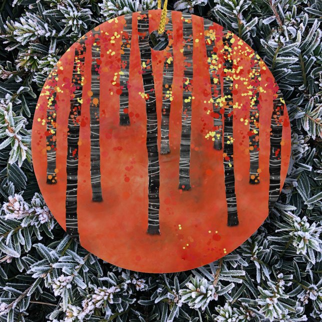 Birch Forest Red Julgransprydnad Keramik (Birch aspen tree forest art red ceramic Christmas ornament)