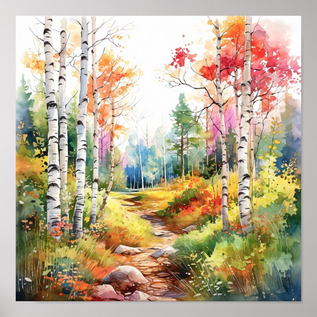 Birch Forest Vivid Färg Painting Poster (Framsidan)