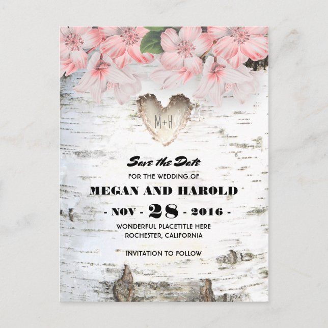 Birch Heart Rustic Land Spara datum Meddelande Vykort (Framsida)