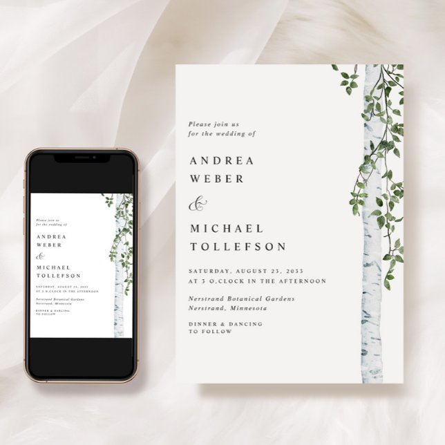 Birch Träd Aspen Greenery Bröllop Inbjudningar (Simple Birch Tree Wedding Invitation - Aspen Leaves - Foliage Greenery Woodsy Elegant Boho)